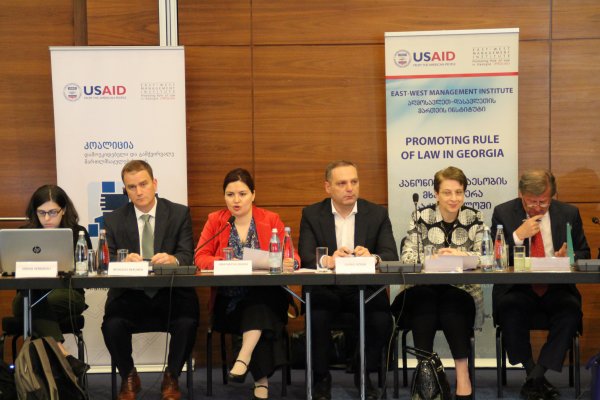 Left to right: Sopo Verdzeuli, Human Rights Education and Monitoring Center, Nicholas Berliner, Deputy Chief of Mission, the United States Embassy in Georgia, Ana Natsvlishvili, Georgian Young Lawyers Association, Giorgi Gogia, Human Rights Watch, Nino Gvenetadze, Chief Justice of the Supreme Court, Janos Herman, the European Union Ambassador to Georgia
